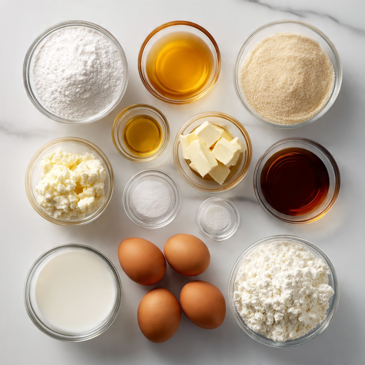 The image shows a white marbled surface with ten small clear glass bowls arranged in a neat grid. Each bowl contains a different baking ingredient. From the top left corner in a clockwise direction, the bowls hold white baking soda powder, golden-yellow vanilla extract, pale yellow butter, white baking powder, a clear liquid vinegar, three brown eggs, white milk in a small glass measuring cup, white ricotta cheese, white flour, and white sugar. Each ingredient is labeled with dark blue tags featuring white text. Photo taken with an iphone --ar 4:5 --v 7