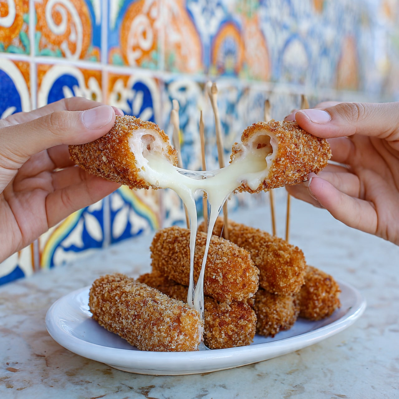The image shows two pieces of crispy, golden-brown fried snack being pulled apart by two hands, revealing melted, stretchy white cheese in the center. Each piece is textured with small, crunchy chunks on the outside, showing a mix of light and darker golden colors. In the background, several similar pieces are stacked on a white plate with toothpicks, set on a white marbled surface. The far background features colorful, patterned tiles with blue, orange, and white tones. photo taken with an iphone --ar 4:5 --v 7