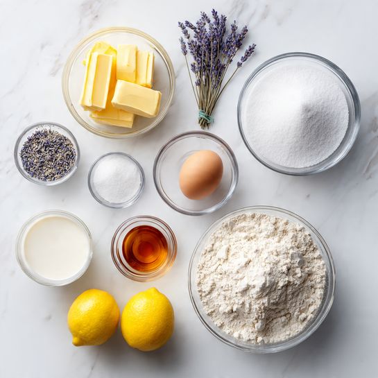 The image shows nine ingredient portions placed separately on a white marbled surface. Starting from the top left, there is a small clear bowl with three yellow blocks of softened butter. To its right, a bigger clear bowl filled with fine white granulated sugar. Below the butter, a tiny clear bowl with a white powder, likely salt, next to a single brown egg. Below that, there is a small clear bowl with amber-colored liquid, possibly vanilla extract, near a small clear bowl holding dried lavender buds. Next to them are two whole bright yellow lemons side by side. To the bottom left, a tiny clear bowl with a little milk, and finally, at the bottom right, two large clear bowls stacked vertically— the top bowl containing white all-purpose flour with a slightly coarse texture and the lower bowl holding powdered sugar with a fluffy, powdery look. Photo taken with an iphone --ar 4:5 --v 7