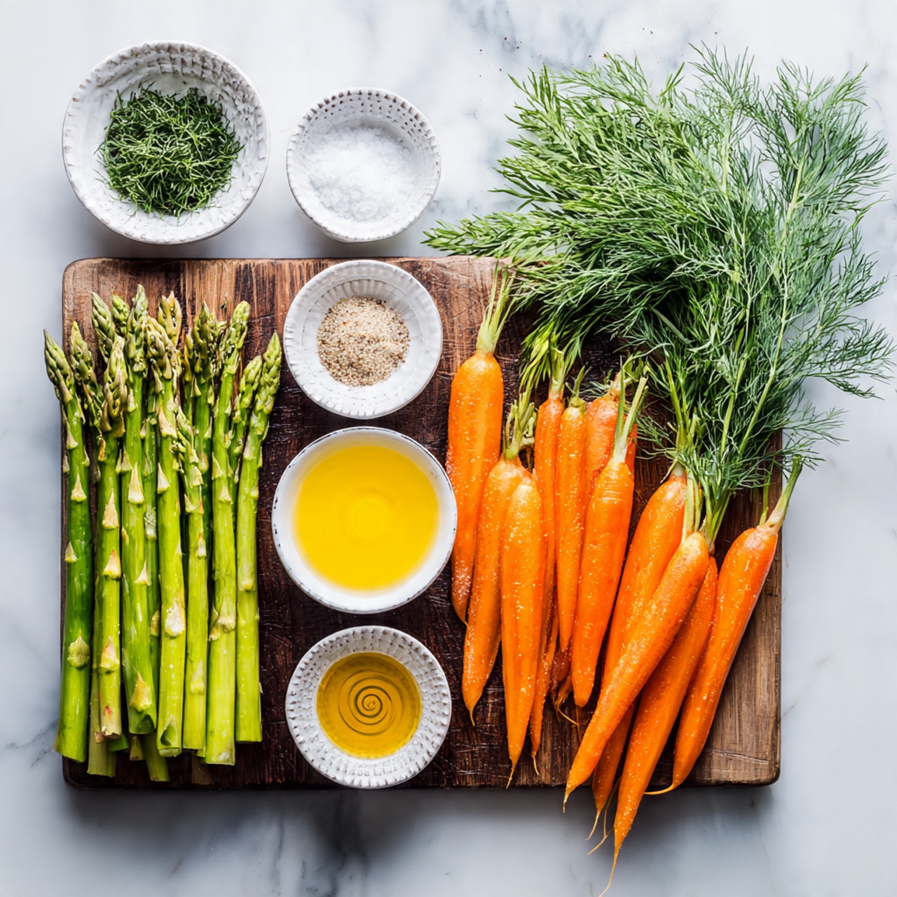 The image shows a wooden board on a white marbled surface, holding fresh green asparagus stalks on the left and bright orange carrots on the right, with green dill leaves at the far right edge. Above the vegetables are six small patterned white bowls arranged in two rows; from left to right, the top row has a bowl of white salt and pepper, finely chopped dark green dill, and creamy off-white hummus. The bottom row has a bowl of light yellow lemon juice, a bowl with light brown dried rosemary and white garlic powder, and a bowl of golden olive oil with a swirling pattern. The scene is bright and clear, with natural light highlighting the textures of the vegetables and ingredients photo taken with an iphone --ar 4:5 --v 7