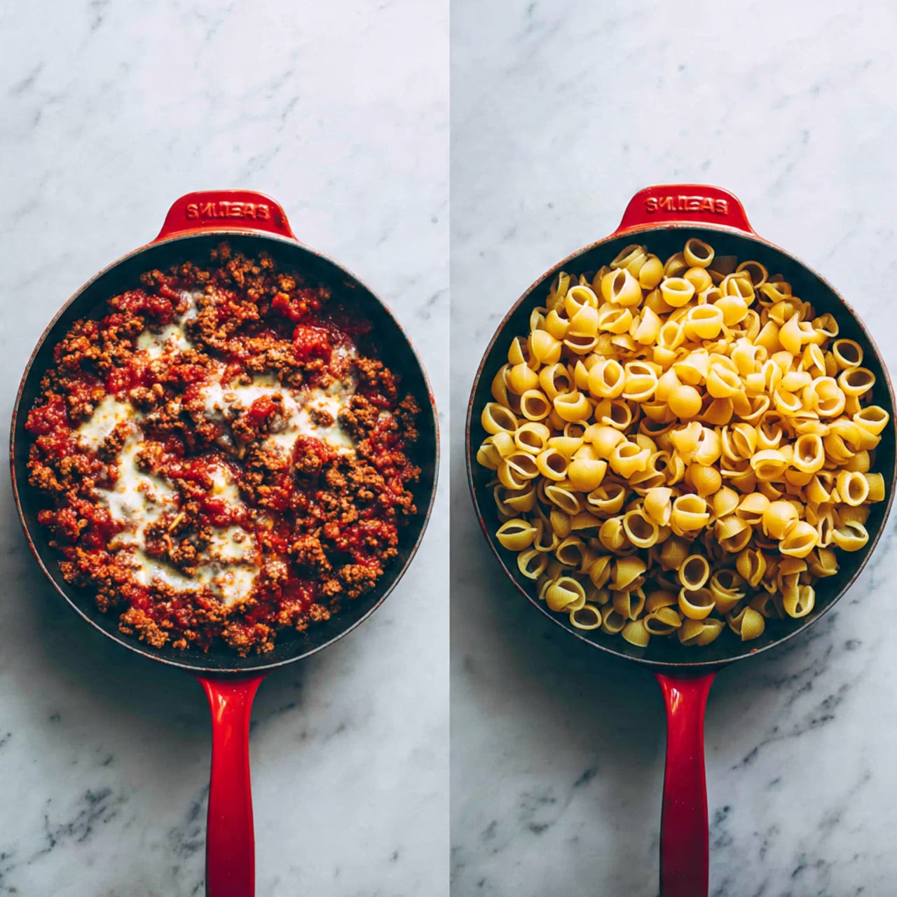 Two images show a round red pan with cooked ground meat mixed with red tomato sauce as the base layer, seen bubbling with a textured surface. In the first image, a creamy white liquid with a smooth texture is poured unevenly on top, creating a marbled effect blending with the red sauce. In the second image, uncooked yellow pasta shells cover the sauce and meat mixture evenly, piling high and showing detailed ridges and curves. The pan handle is long and red, and the pan sits on a white marbled surface. photo taken with an iphone --ar 4:5 --v 7