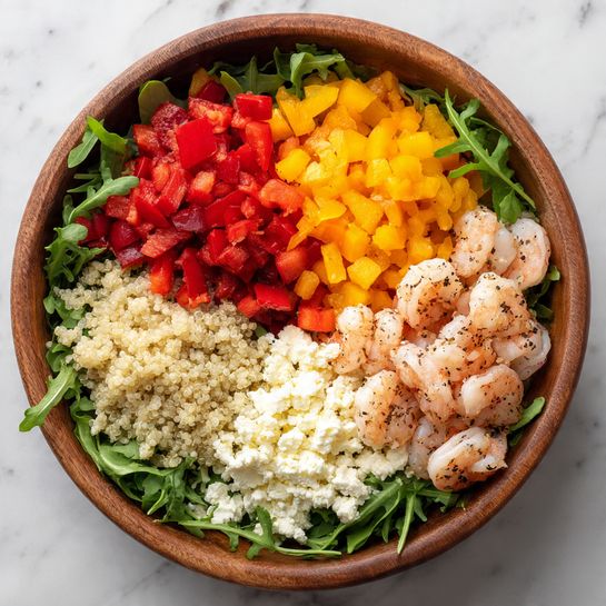 A wooden bowl holds a colorful layered salad on a white marbled surface. The bottom layer is fresh dark green arugula leaves, topped with four distinct sections: bright red and orange chopped bell peppers in the top left, light beige cooked quinoa with a fluffy texture in the bottom left, white crumbled cheese in the bottom right, and pink-orange cooked shrimp with a slight glaze and black pepper specks in the top right. Each layer is neatly separated, showing vibrant colors and contrasting textures. Photo taken with an iphone --ar 4:5 --v 7