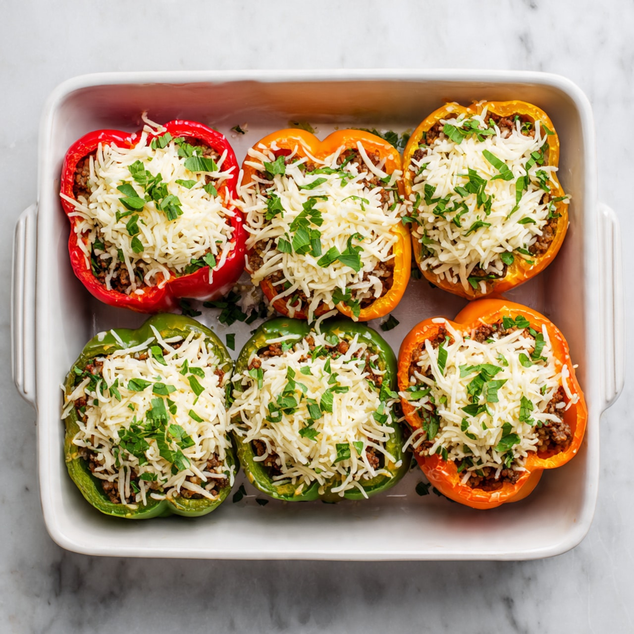 The image shows a white baking dish with six stuffed bell pepper halves arranged inside. Each pepper is a mix of red, green, and orange colors, filled with a layer of cooked ground meat mixed with rice and small bits of vegetables. On top of this filling is a thick layer of shredded white cheese that is melted and slightly browned, garnished with small pieces of fresh green herbs. The peppers are placed on a white marbled surface. Photo taken with an iphone --ar 4:5 --v 7