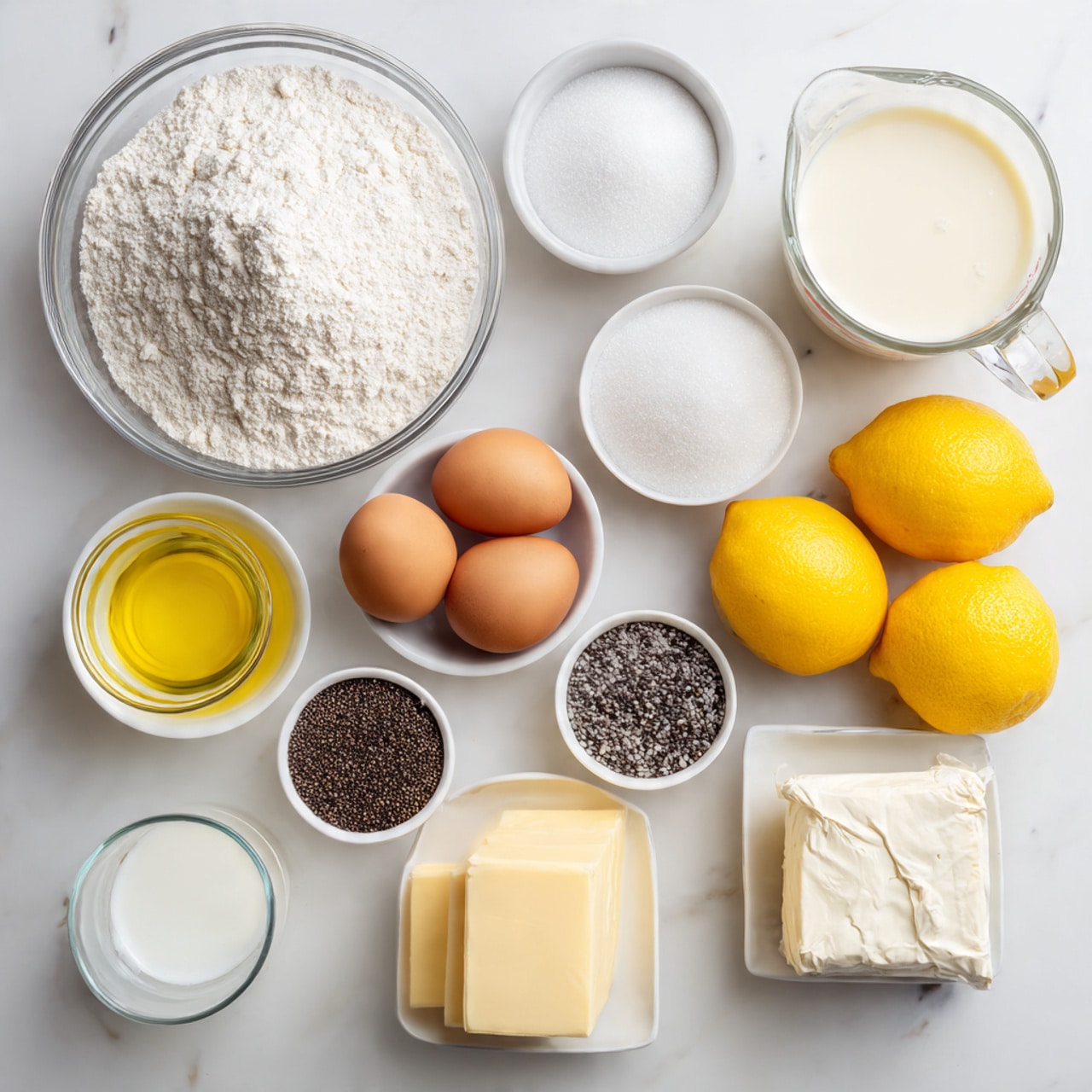 The image shows a flat lay of various baking ingredients arranged neatly on a white marbled surface. There is one large clear glass bowl filled with white all-purpose flour at the top left, a smaller white bowl below it with white sugar, a transparent glass cup of vegetable oil to the bottom left, and a small white dish holding three brown eggs below center. To the right, three bright yellow whole lemons are placed in a cluster. At the top right, there is a clear measuring cup filled with creamy buttermilk, with two small white bowls holding white salt and baking soda beside it. Below these, a white bowl contains a mound of white confectioners’ sugar, next to a small white bowl with black poppy seeds. Moving further right, a white square dish holds two blocks of pale yellow butter. A foil-wrapped block of cream cheese lies below and slightly right of the butter, and a short clear glass with milk is near the eggs at the bottom left. The light is bright and even, with no shadows, and all items are clearly labeled. Photo taken with an iphone --ar 4:5 --v 7