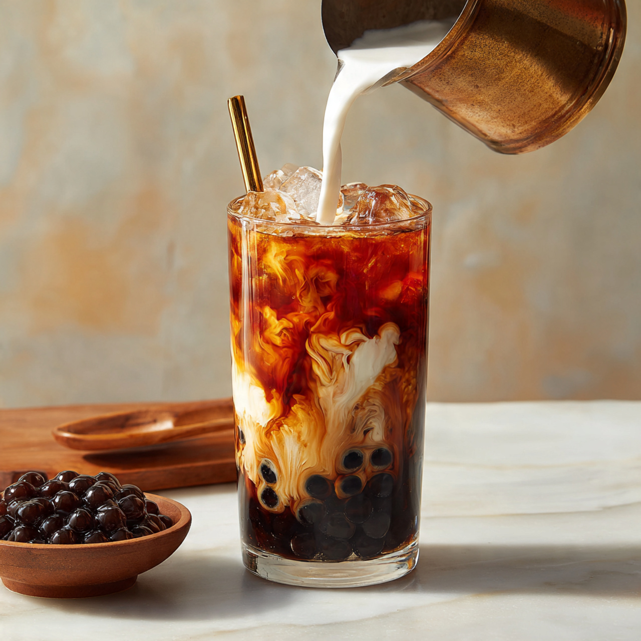 A tall clear glass filled with dark black tapioca pearls settled at the bottom in a thick layer. Above the pearls, there is a layer of creamy white milk mixing with rich dark brown tea creating swirling patterns where they meet. The top layer is filled with ice cubes and dark brown tea just below the rim. A metal pitcher is pouring more white milk into the glass from above. A gold metal straw is in the glass on the left side. The glass sits on a white marbled surface with a blurred background, and a small wooden bowl with more black tapioca pearls is on the left behind the glass. Photo taken with an iphone --ar 4:5 --v 7