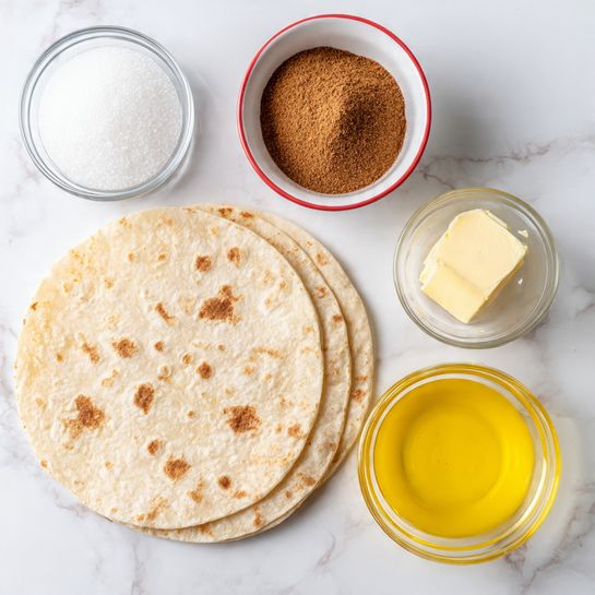 The image shows two round, light beige tortillas with brown spots, placed slightly overlapping on a white marbled surface. Above the tortillas, there are three small bowls: to the left is a clear glass bowl filled with white granulated sugar, to the right is a clear glass bowl with melted yellow butter, and at the top center is a white bowl with a red rim containing a mound of brown cinnamon powder. The setup is clean and neatly arranged. photo taken with an iphone --ar 4:5 --v 7