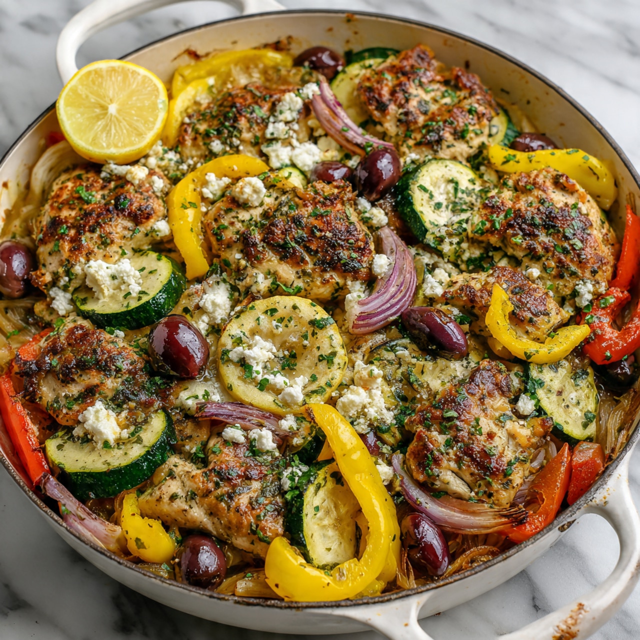 A large white pan filled with a colorful mix of grilled pieces of chicken layered evenly throughout, golden brown with green herb sprinkles. Surrounding the chicken are slices of yellow and red bell peppers, green zucchini rounds, red onion rings, and deep purple olives. Small crumbles of white feta cheese are scattered over the top. A wedge of lemon rests on the left side of the pan. The pan sits on a white marbled surface. Photo taken with an iphone --ar 4:5 --v 7
