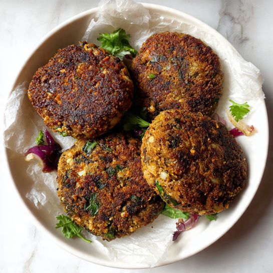 Four round patties of mixed raw meat with visible small white pieces and chopped green herbs are arranged on a white plate lined with parchment paper. The patties have a coarse texture with uneven edges, showing bits of red onion and leafy greens embedded throughout. The white plate sits on a white marbled surface, creating a clean and simple background. Photo taken with an iphone --ar 4:5 --v 7