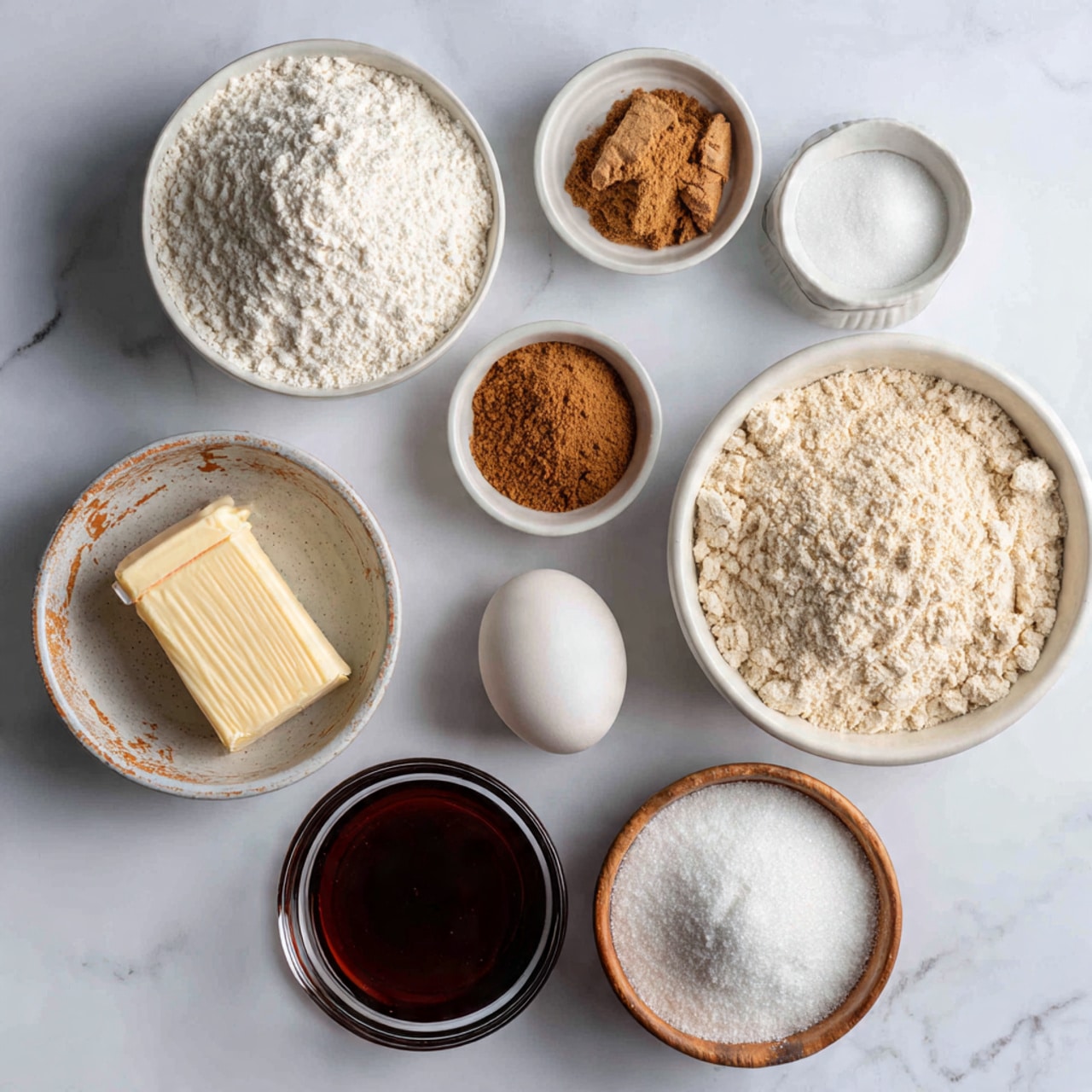 The image shows seven ingredients neatly arranged on a white marbled surface. At the center right is a large white bowl filled with a roughly textured pale beige flour. Above it to the right is a smaller white bowl full of white sugar, smooth and fine. To the top center is a small white dish with two separate sections of brown ginger and darker brown cinnamon powder. At the top left, there is a large white bowl filled with powdered sugar that looks powdery and snowy. To the left center is a stick of butter wrapped in an orange and cream paper wrapper lying flat. Below it is a small round dark container holding a large white egg. Beside the egg to the right is a small rustic bowl with a white powder mixture labeled baking soda and powder. In the middle left is a clear glass bowl filled with dark brown, thick molasses. Everything is arranged clearly and symmetrically, with no woman's hand visible. Photo taken with an iphone --ar 4:5 --v 7