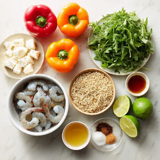The image shows several ingredients placed separately on a white marbled surface. There is a white bowl filled with raw shrimp, showing their smooth, slightly translucent gray-blue flesh. Next to it, a white plate holds two whole bell peppers, one orange and one red, both shiny and smooth. A larger white bowl is filled with fresh, vibrant green arugula leaves that look crisp and leafy. Nearby, a white bowl contains chunks of white cheese with a slightly crumbly texture. In the center, a beige bowl contains uncooked quinoa, small and round with a pale off-white color. Smaller dishes hold honey with a golden liquid shine, light yellow olive oil in a white measuring cup, a small dish of garlic powder that looks pale and fine, and another small bowl with brown spices. Two limes, bright green with a slightly bumpy exterior, rest on a pale cream small plate. The setup is bright and clean, with natural light casting soft shadows. photo taken with an iphone --ar 4:5 --v 7