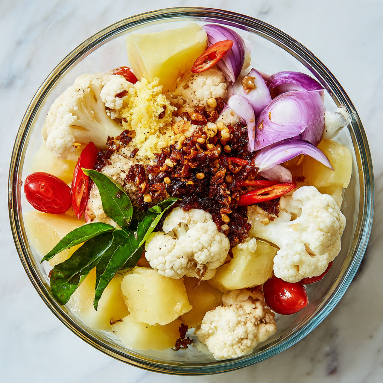 A clear glass bowl holds a fresh mix of ingredients on a white marbled surface, starting with uneven chunks of pale yellow potatoes at the base. Over them, there are small pieces of bright red tomatoes and white cauliflower florets. Thin slices of red onion and red chili rings spread around, topped with a pile of grated ginger. Dark tiny seeds and several layers of spices in shades of brown and orange are sprinkled generously over the vegetables, with a few green curry leaves resting near the top. The mix shows a rough texture and vibrant colors from different elements, all inside the transparent bowl photo taken with an iphone --ar 4:5 --v 7