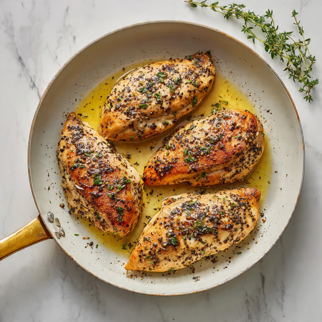 Four lightly browned chicken fillets with a speckled layer of black pepper and herbs are cooked in a white pan with a golden handle. The fillets are arranged close together, each showing slightly different browning and seasoning textures. Light golden oil pools around the fillets, adding a shiny glaze. The pan rests on a white marbled surface, with small green sprigs of herbs placed nearby for a fresh touch. photo taken with an iphone --ar 4:5 --v 7