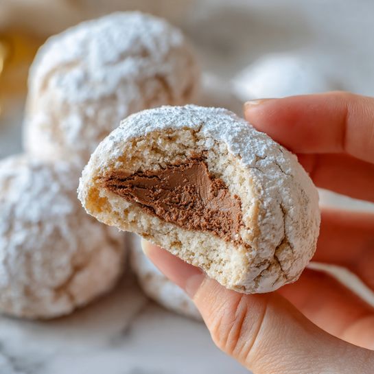 A close-up shows a woman's hand holding a round cookie with a rough, light beige outer layer covered in a light dusting of white powdered sugar. The cookie's inside reveals a smooth, dark brown chocolate filling in a triangular shape. In the background, more whole cookies with the same powdery surface rest on a white marbled textured surface. The image focuses mainly on one cookie held near the center. Photo taken with an iphone --ar 4:5 --v 7