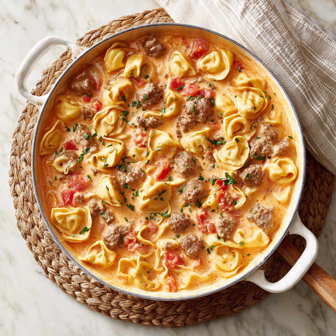 A white pan filled with creamy orange sauce, containing soft, plump tortellini pasta scattered evenly throughout. Small pieces of browned meat are mixed in with the pasta, creating a textured contrast against the smooth sauce. Tiny bits of red tomato and green herbs are sprinkled on top, adding color and freshness. The pan is placed on a woven beige mat, which sits on a white marbled surface. The lighting is bright and natural, showing the dish in clear detail. photo taken with an iphone --ar 4:5 --v 7