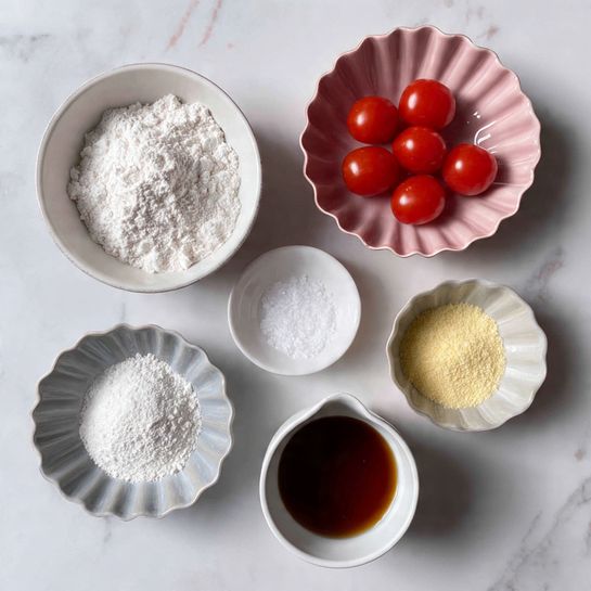 The image shows six small bowls on a white marbled surface, each with different ingredients. At the top left, there is a small white bowl filled with white flour, rough in texture and slightly heaped. On the right side, a pink scalloped bowl holds bright red cherry tomatoes, shiny and plump, arranged close together. Below the flour bowl, there is a white scalloped bowl holding a mix of white powders, one finer and one coarser, with a smooth surface. To the right of this, a small white cup with a dark brown liquid inside, smooth and reflective on top. Below, a similar small white cup contains a small amount of white granular salt. The bottom bowl is gray and scalloped, filled with a yellow soft substance, slightly lumpy and thick in texture. All bowls are laid out against a clean, white marbled background with soft natural lighting. photo taken with an iphone --ar 4:5 --v 7