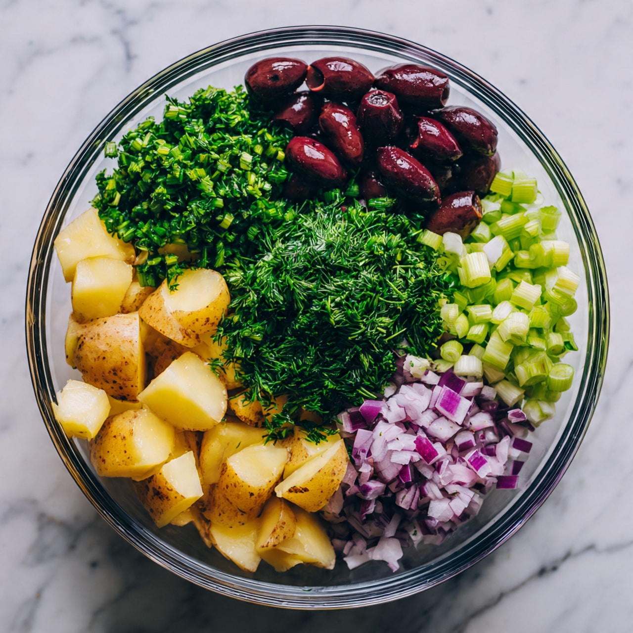 A clear glass bowl on a white marbled surface holds six separate layers of ingredients arranged in a circle without mixing. Starting from the top and moving clockwise, there are deep purple olives, finely chopped bright green parsley, chunky light brown potato pieces with skin, a bunch of fresh dark green dill, thinly sliced pale green scallions, and small diced purple onion pieces. The colors contrast well, showing a fresh and colorful vegetable mix. The photo taken with an iphone --ar 4:5 --v 7