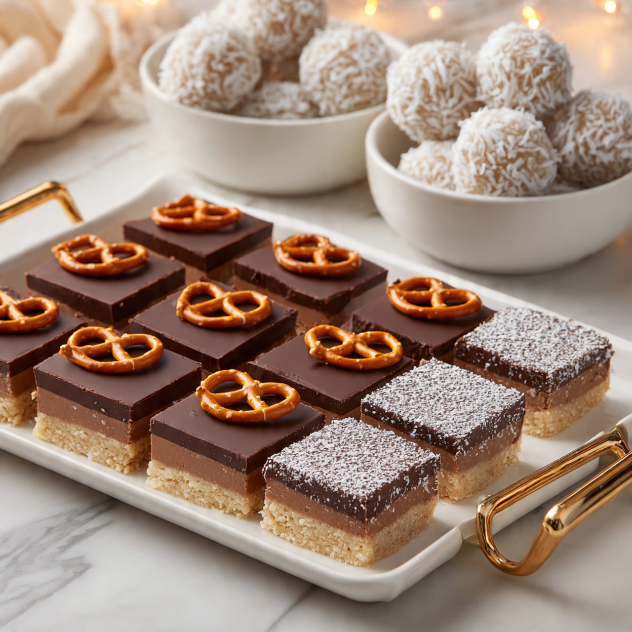 A rectangular white plate with gold handles shows two rows of six square treats each, with a thick light brown bottom layer and a smooth dark chocolate top layer; half of these squares are decorated with small orange pretzel shapes on top, while the other half have a light dusting of powdered sugar. In the background, two white bowls hold stacks of round white coconut-covered balls with a rough texture. The scene is set on a white marbled surface with soft lighting creating a cozy atmosphere. photo taken with an iphone --ar 4:5 --v 7