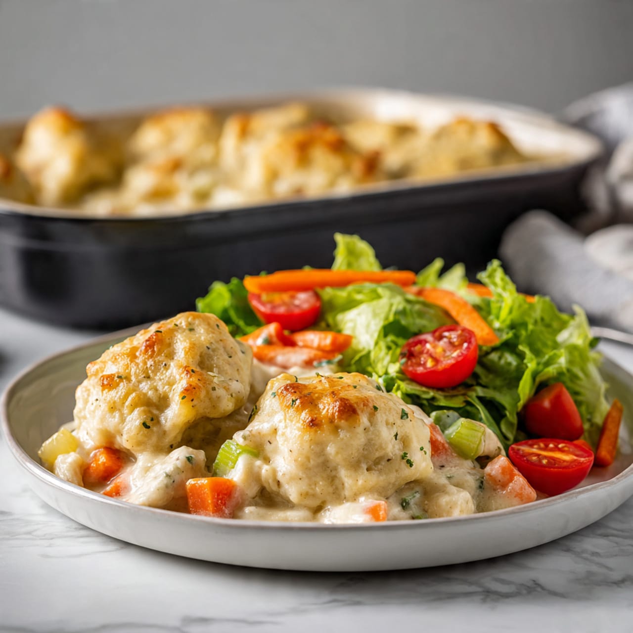 A white plate holds a serving of creamy chicken and vegetable casserole topped with two golden brown biscuit dumplings. The casserole has visible pieces of light beige chicken, small orange carrots, and green celery chunks mixed in a thick white sauce. On one side of the plate, there is a fresh salad with bright green lettuce leaves, scattered halved cherry tomatoes in red, and thin orange carrot strips. The plate sits on a white marbled surface, with a black pan full of the casserole blurred in the background. Photo taken with an iphone --ar 4:5 --v 7