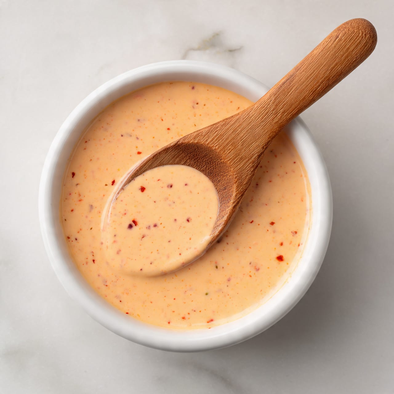 A white bowl filled with a smooth, creamy sauce that is light orange with tiny red specks throughout. A wooden spoon is placed inside the sauce, partially covered with the sauce, sitting on a white marbled surface. The sauce has a thick texture but appears easy to scoop. photo taken with an iphone --ar 4:5 --v 7