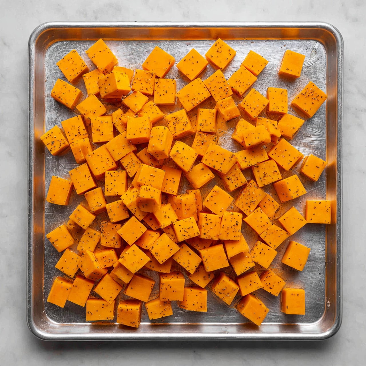 A large silver baking tray lined with shiny aluminum foil is covered with many small orange cubes of butternut squash spread evenly across the surface. The cubes vary slightly in size but are mostly uniform, showing smooth edges and a matte texture with some pieces speckled with small black pepper dots. The tray is placed on a white marbled surface, giving a clean and bright background to the vibrant orange squash cubes photo taken with an iphone --ar 4:5 --v 7