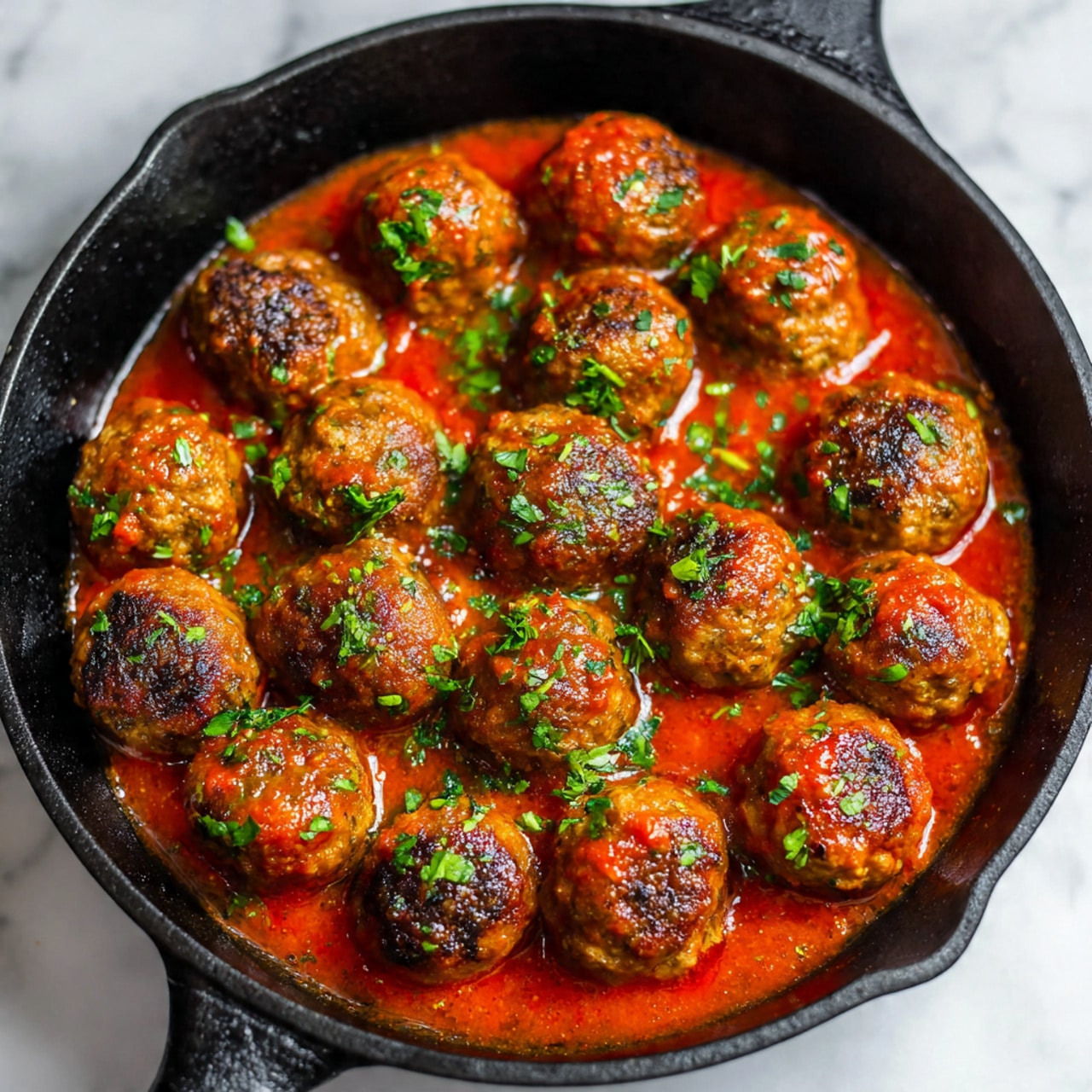 A black cast iron pan filled with many round meatballs in bright red tomato sauce. The meatballs have a textured brown outside and are coated with the thick sauce. Small green herb pieces are sprinkled over the meatballs and sauce, adding color contrast. The smooth, shiny sauce fills the spaces between the meatballs, and the pan edges are visible around the food. The background is a white marbled texture. photo taken with an iphone --ar 4:5 --v 7