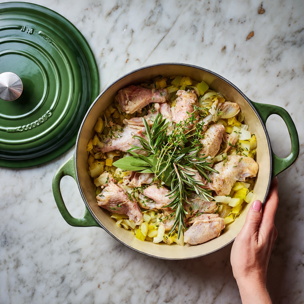 A large round green cooking pot filled with pieces of raw chicken wings scattered on top of a layer of small diced yellow onions, with two fresh green herb sprigs, one rosemary and one thyme, placed on top. The pot lid is resting next to the pot on a white marbled texture surface. A woman's hand with light pink nails holds the right handle of the pot. photo taken with an iphone --ar 4:5 --v 7