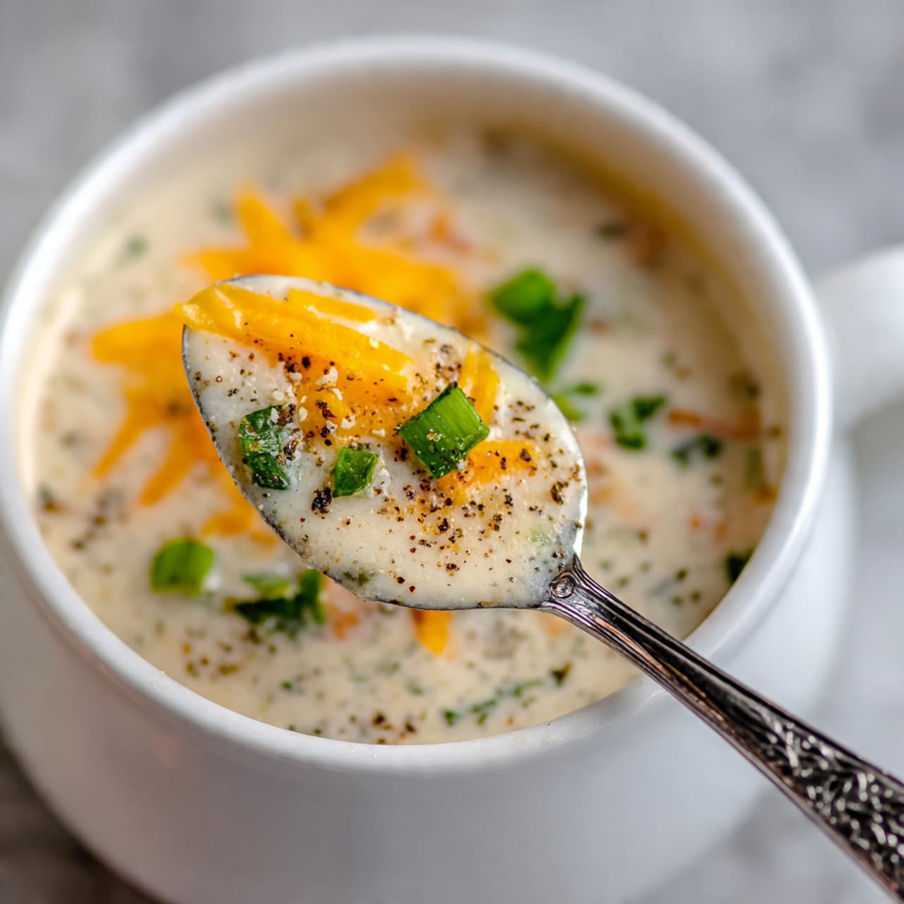 A close-up view of a creamy white soup with a thick texture, speckled with small green herb bits and black pepper. The soup has bright orange shredded cheese and fresh green slices of scallion or green onion floating on top. A decorated silver spoon holds a scoop of the soup showing the vivid contrast of cheddar cheese and green scallion against the creamy base. The soup is served in a white bowl resting on a white marbled surface. Photo taken with an iphone --ar 4:5 --v 7