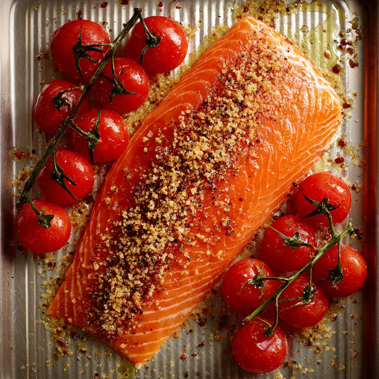 A large piece of raw salmon fillet with a bright orange color is placed in the center of a silver baking tray with a ribbed texture. The salmon is sprinkled evenly with rough brown sugar and some spices, giving the top a speckled and coarse texture. Around the salmon fillet, there are several bright red tomatoes still attached to their green stems, scattered on the top left, bottom right, and middle right edges of the tray. The shiny surface of the tray has small drops of olive oil and seasoning. The entire scene is set on a white marbled surface. Photo taken with an iphone --ar 4:5 --v 7