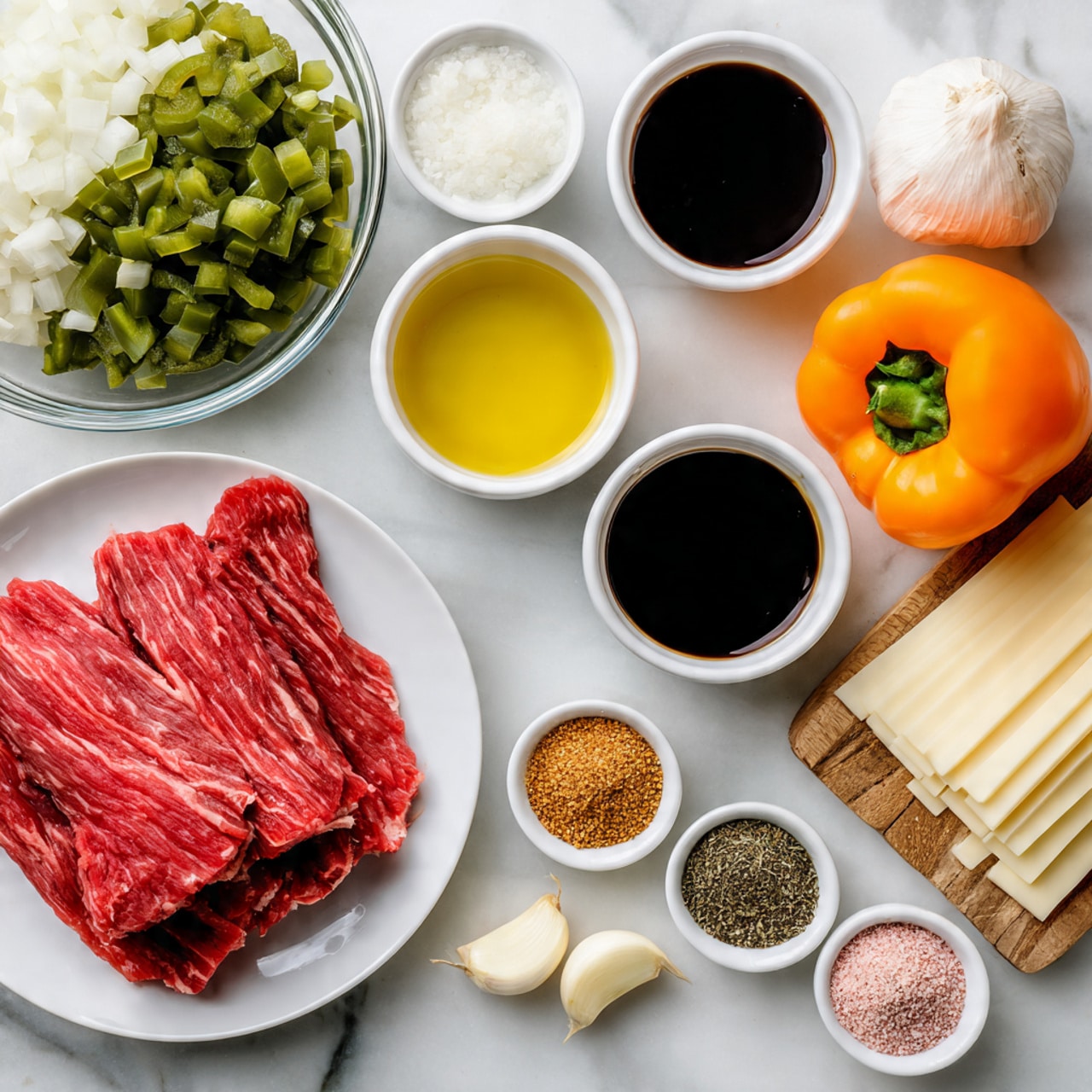 The image shows various ingredients arranged on a white marbled surface. On the left, there is a white plate with red slices of raw flank steak. Above it, a clear glass bowl holds green chopped bell pepper mixed with white chopped onions. Near the top, two small white bowls contain olive oil, which is pale yellow, and Worcestershire sauce, which is dark brown. Next to these, a small stack of light yellow provolone cheese slices lay flat on the surface. Two peeled garlic cloves sit nearby. An orange bell pepper is placed upright close to the center. On the right, a shallow white bowl is filled with separate piles of various seasonings in different colors, including light beige, green, black, red, and pink. The whole setting is neat and well organized, showing the ingredients before cooking. Photo taken with an iphone --ar 4:5 --v 7