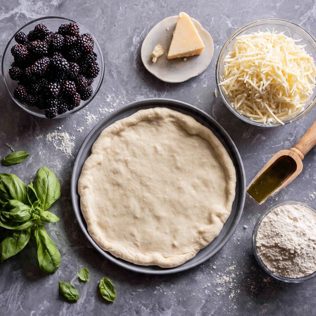 The image shows a round pizza dough stretched out on a gray pizza pan in the middle. Around the pan, there are fresh green basil leaves scattered on a dark surface. On the left side, there is a clear white bowl filled with blackberries and a wedge of hard cheese. On the right side, there is a clear white bowl full of shredded cheese, a wooden-handled measuring spoon holding flour, and another wooden-handled measuring spoon with olive oil. All items are placed on a white marbled texture surface. photo taken with an iphone --ar 4:5 --v 7
