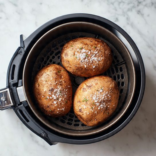 Three whole potatoes with rough brown skin covered with salt and pepper are placed inside a black air fryer basket. The potatoes are evenly spaced inside the round basket, which has a textured base with small holes. The air fryer lid is partially open, showing its black and stainless steel design. The scene is set on a white marbled surface. photo taken with an iphone --ar 4:5 --v 7
