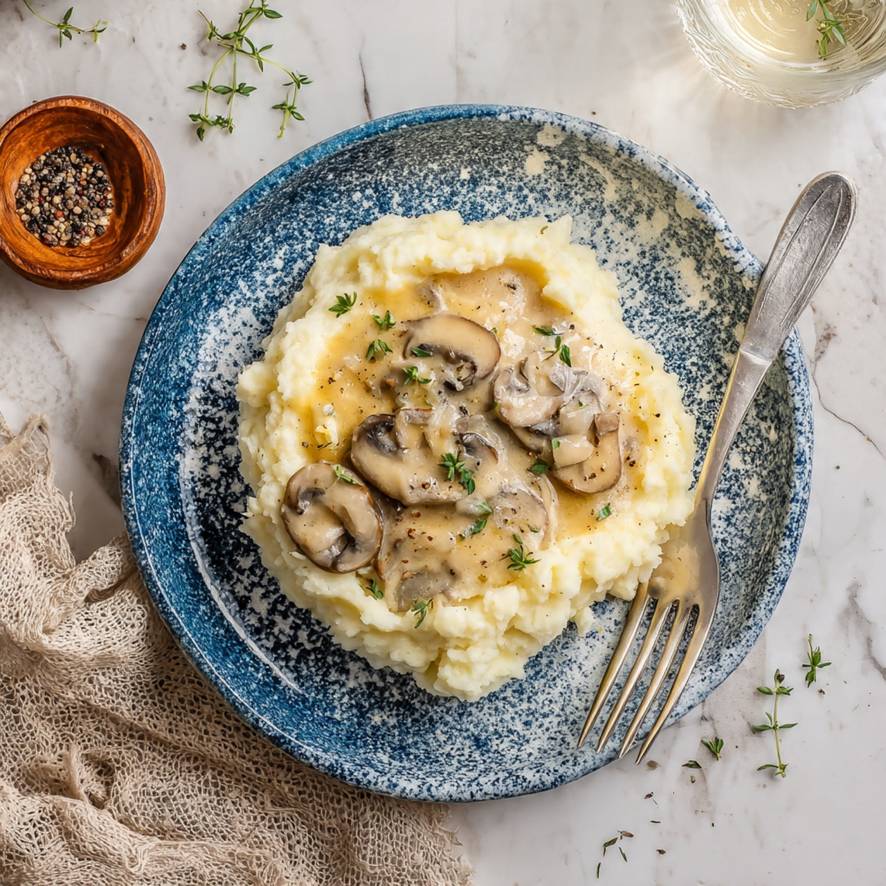 A blue and white patterned plate holds a serving of mashed potatoes as the bottom layer, creamy and slightly lumpy with a pale yellow color. On top, there is a layer of thick, light brown mushroom gravy with visible cooked mushroom slices scattered throughout. The gravy looks smooth and creamy, with a few fresh green herb leaves sprinkled on top. A silver fork rests on the right side of the plate, partially on the mashed potatoes and gravy. The plate is placed on a white marbled surface with a small wooden bowl of black pepper and a glass of clear liquid in the background, along with some scattered green herb sprigs and a piece of textured beige cloth nearby. photo taken with an iphone --ar 4:5 --v 7