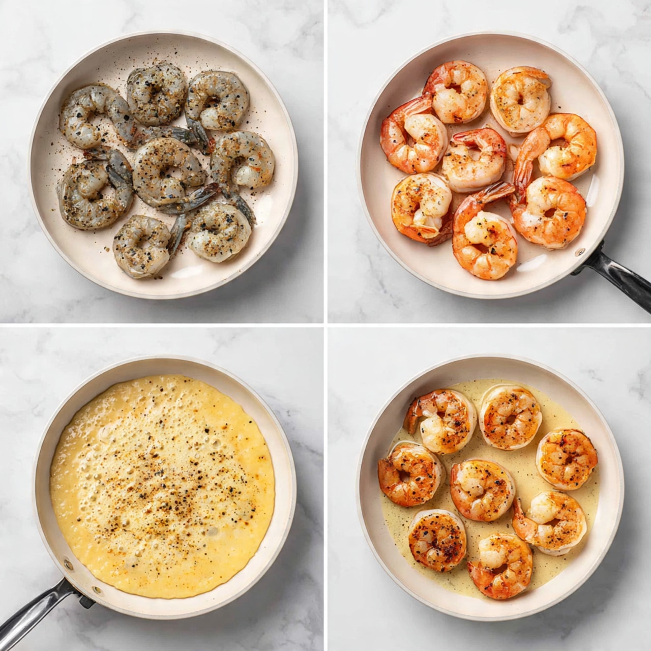 The image is a four-part collage showing shrimp cooking steps in a white pan on a white marbled surface. The top left shows raw grayish shrimp with black tails, spread out and seasoned with black pepper. The top right shows the shrimp turned pink with black tails, cooked and arranged evenly in the pan. The bottom left shows a creamy yellow and white sauce bubbling softly in the empty pan. The bottom right shows the cooked pink shrimp placed on top of the creamy yellow sauce, all inside the white pan. Photo taken with an iphone --ar 4:5 --v 7