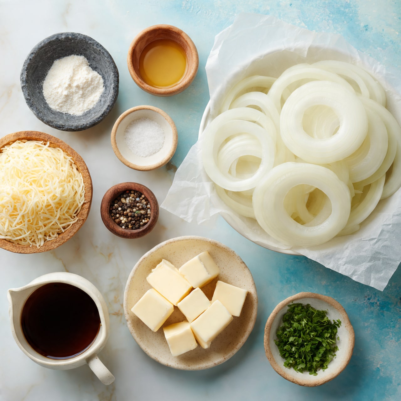 A white bowl filled with many smooth, pale onion rings sits on the right side next to a white parchment paper with a folded pale beige dough sheet. Around the onion rings, there are small round bowls scattered on a white marbled surface: a speckled bowl with light yellow shredded cheese at the bottom left, a small brown wooden bowl with coarse black and white pepper above it, a small dark stone bowl with coarse white salt below the pepper, and a small dark speckled bowl with white flour on the left. Above these are a small white bowl with a dollop of mustard, a small brown bowl with light brown sugar, a ceramic plate with a square of soft white cream cheese edged in blue, a light beige bowl with three chunks of yellow butter, and a small bowl with green fresh herbs. In the bottom left corner is a small white jug with dark liquid. All items are neatly arranged on a soft blue background with white marbled texture. Photo taken with an iphone --ar 4:5 --v 7