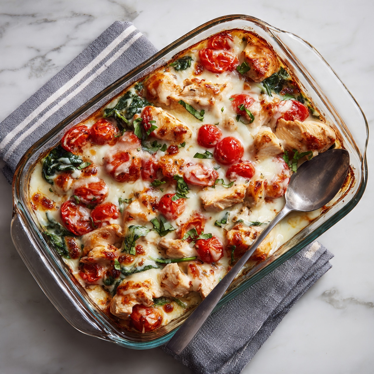 A clear glass bowl shows a colorful salad on a white marbled surface. The salad has three layers: the bottom layer is dark green spinach leaves, the middle layer includes light beige cooked chicken pieces mixed with bright yellow cooked egg strips, and the top layer is full of halved shiny red cherry tomatoes, light cream shaved cheese, and fresh green herbs. Around the bowl, there are a few whole cherry tomatoes and a silver fork on the right side. The photo taken with an iphone --ar 4:5 --v 7