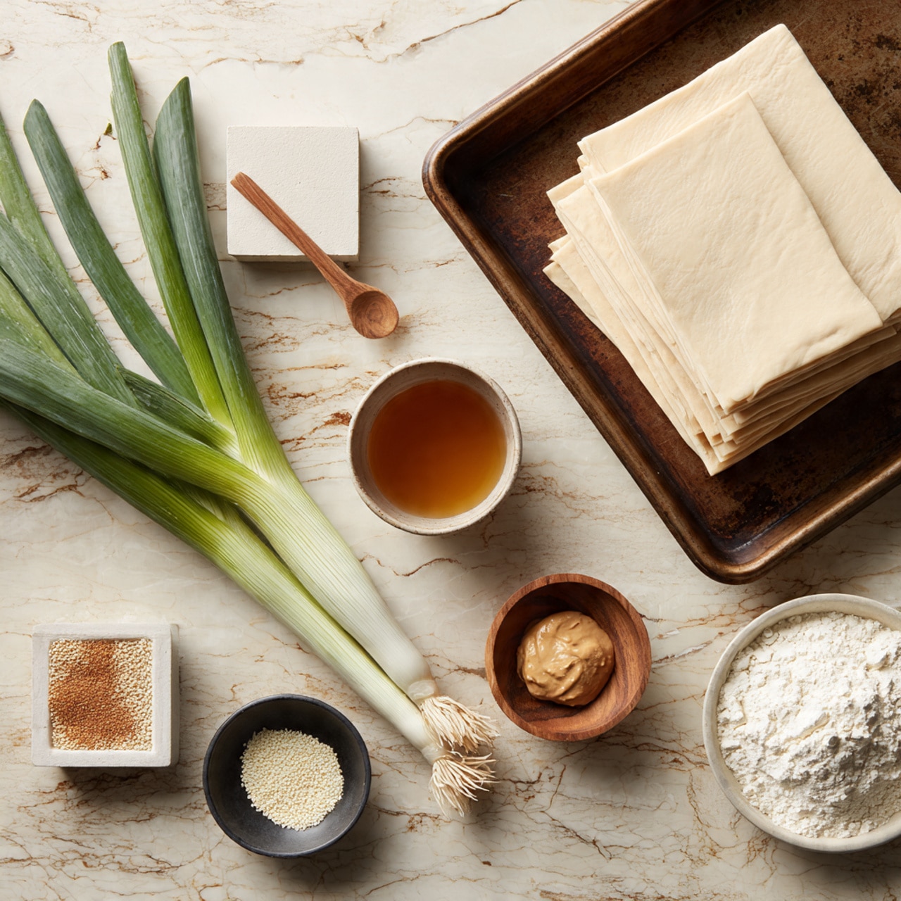 The image shows ingredients for cooking arranged on a wooden table with a white marbled texture background. There is a stack of light beige dough layers on a dark baking tray on the top right. Below it, a bunch of fresh green onions with white roots and long green stalks lies across the table. To the bottom center, there is a small wooden bowl holding a dollop of light brown paste. Near it on the lower left, a small black round dish contains white sesame seeds. On the middle left, a small white square dish has a wooden spoon with ground spice powder next to it. In the center, there is a small metal cup filled with amber-colored liquid. Lastly, a small white bowl with white flour is placed near the bottom right corner. Photo taken with an iphone --ar 4:5 --v 7