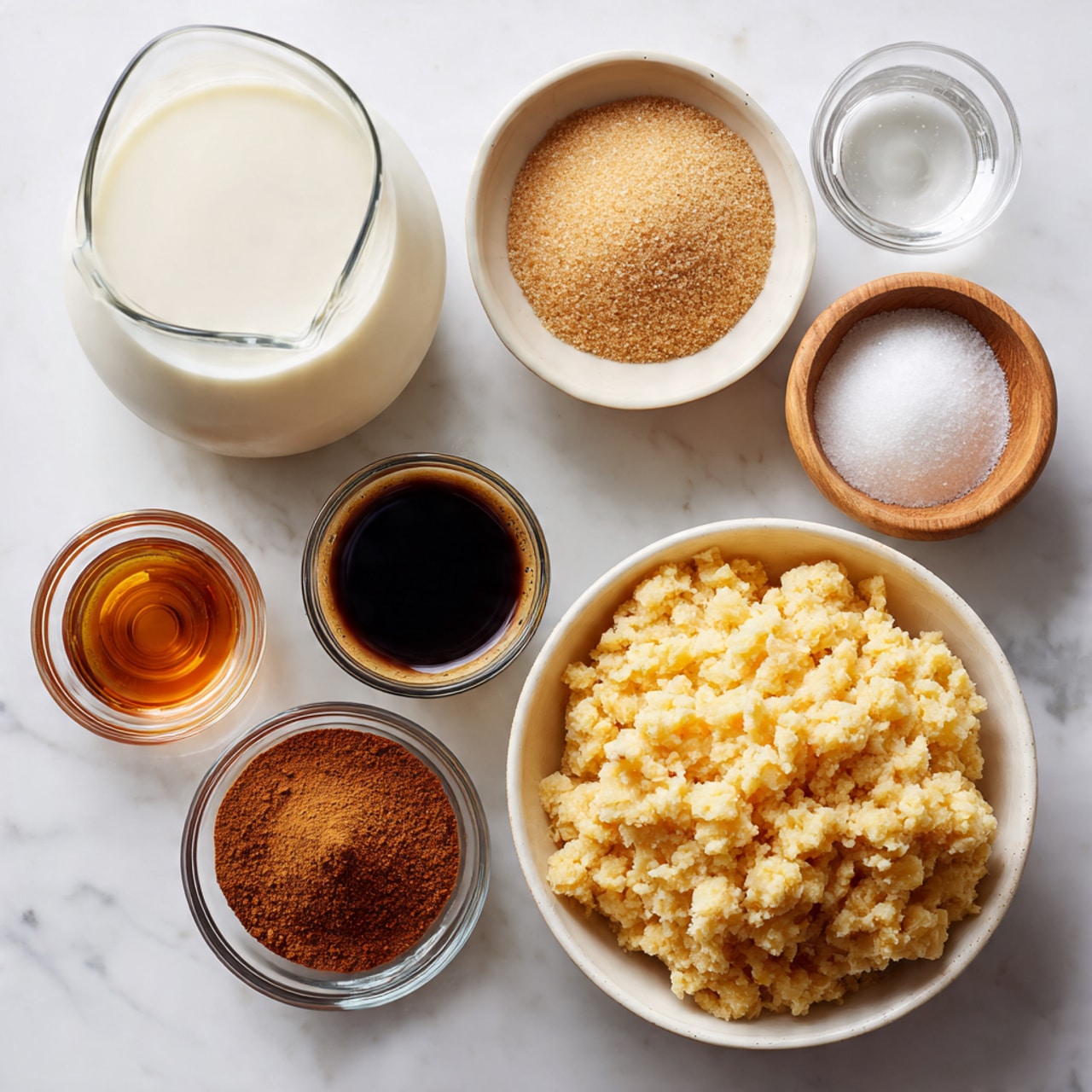 A top view of ingredients arranged on a white marbled surface, each in white bowls or clear glass containers. From left to right, there is a large glass jug filled with white milk, a small round white bowl with light brown, soft brown sugar, a small wooden bowl holding coarse white salt, a medium white bowl filled with light yellow mashed bananas with some texture, a very small clear glass bowl with dark brown vanilla liquid, another small white bowl containing a mound of reddish-brown cinnamon powder, a clear glass cup with dark brown espresso topped with light foam, and a clear glass jug of water. The composition is neat and bright, emphasizing the natural colors and textures of each ingredient. Photo taken with an iphone --ar 4:5 --v 7