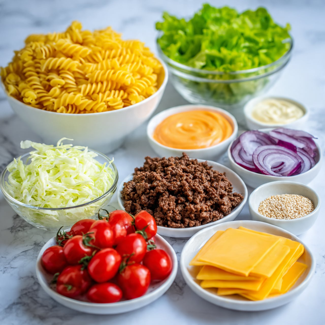 The image shows several white bowls and dishes arranged on a white marbled surface, each containing different fresh and cooked ingredients. There is a large white bowl filled with yellow cooked spiral pasta at the back, and next to it is a clear bowl full of bright green leafy lettuce. In front of these are smaller white bowls holding finely chopped pickles, creamy orange sauce, and cooked brown ground beef on a bed of shredded white cabbage. A clear bowl holds halved red cherry tomatoes, and another clear bowl contains sliced purple onions. There is also a small white dish with light-colored sesame seeds and a stack of bright yellow cheese slices placed on the surface. photo taken with an iphone --ar 4:5 --v 7