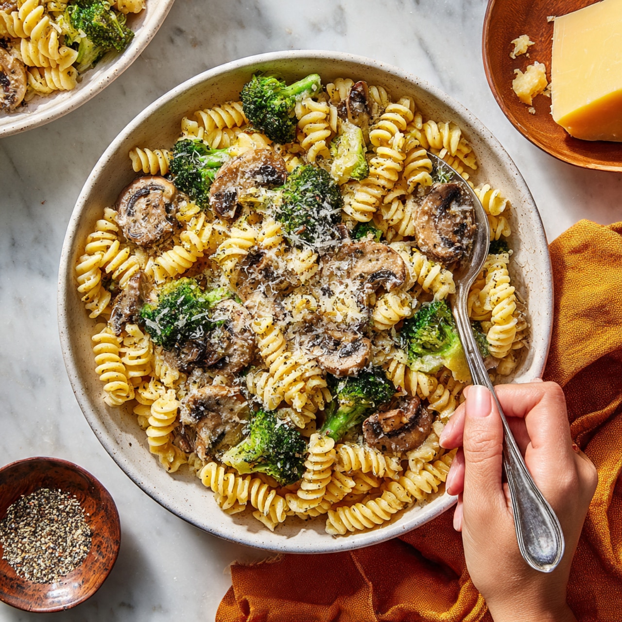 A white bowl filled with creamy pasta as the base layer, topped with green broccoli florets and brown mushroom slices evenly spread. The pasta is spiral-shaped and mixed with the sauce, creating a smooth, cheesy texture with a light sprinkling of grated cheese and black pepper on top. A spoon is placed inside the bowl with a woman's hand holding it from the bottom right corner. The bowl sits on a white marbled surface next to an orange cloth and a small brown dish with a wedge of cheese. In the background, part of another white bowl with the same dish is visible along with a container of seasoning. Photo taken with an iphone --ar 4:5 --v 7