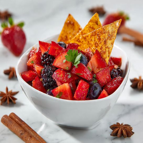 A white bowl filled with a vibrant mix of small red strawberry pieces and dark blackberries, garnished with a small green herb on the side. A large, triangular, golden-brown chip coated in a cinnamon-sugar mix is placed standing inside the bowl, partially resting on the fruit. The bowl is placed on a white marbled surface scattered with star anise and cinnamon sticks, creating a warm and fresh feel. Photo taken with an iphone --ar 4:5 --v 7