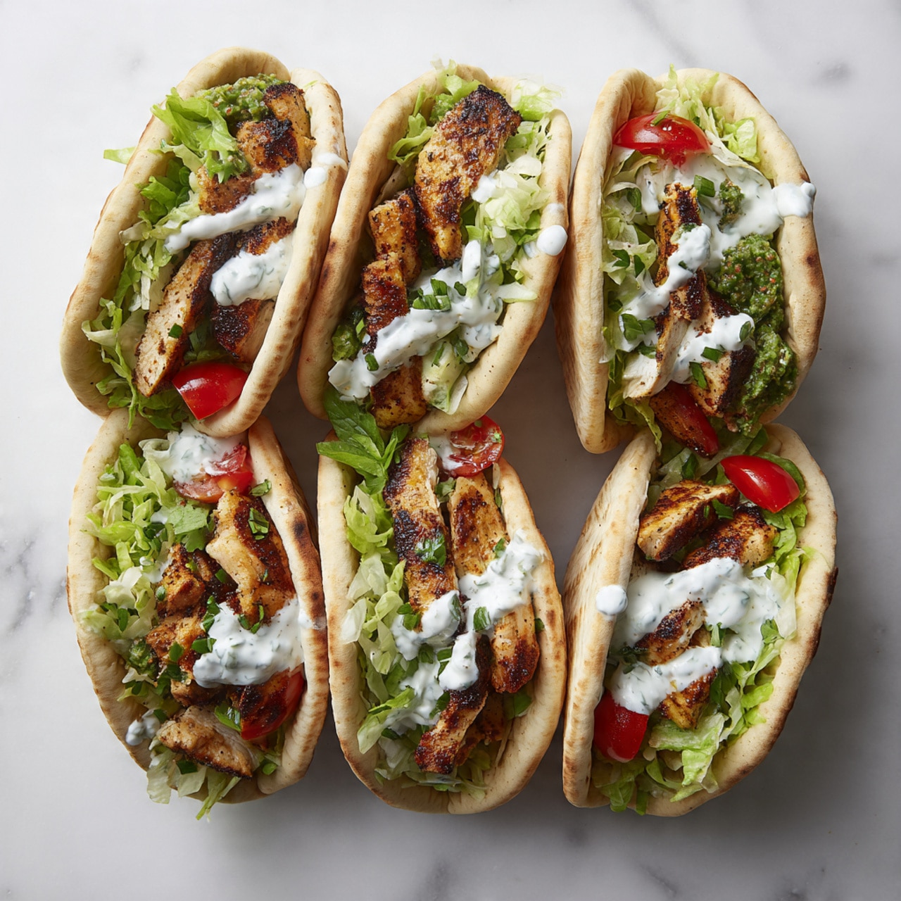 Six soft pita pockets are arranged close together on a white marbled surface, each stuffed with three layers: the bottom layer is shredded light green lettuce, the middle layer is golden brown grilled chicken pieces with char marks, and the top layer is a drizzle of white creamy sauce with small green herb bits. Small pieces of red cherry tomatoes and sprigs of green herbs peek through in some pitas, adding color contrast. The pita bread is lightly toasted, warm beige with some darker spots, folded upright to hold the fillings. Photo taken with an iphone --ar 4:5 --v 7