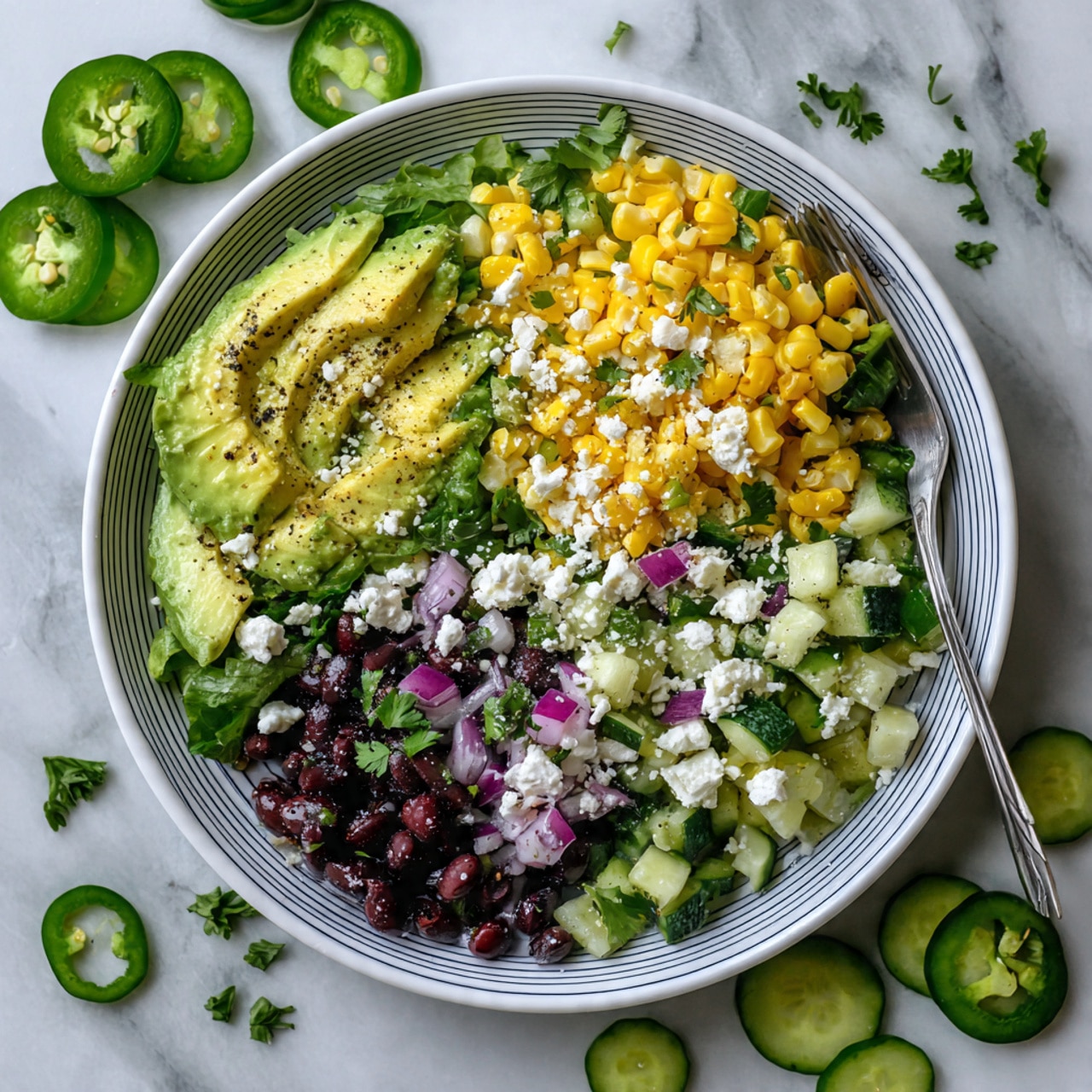 A white plate with blue stripes holds a salad with two main parts: on the left a sliced avocado with a smooth green and yellow inside, sprinkled with small white cheese crumbles and black pepper; on the right a colorful mix of yellow corn, black olives, light green cucumber pieces, small red onion bits, sprinkled with white cheese and topped with fresh green cilantro leaves. The plate sits on a white marbled surface with scattered slices of green cucumber, green jalapeño rings, and bits of cilantro around it, along with a silver fork resting on the plate edge. photo taken with an iphone --ar 4:5 --v 7