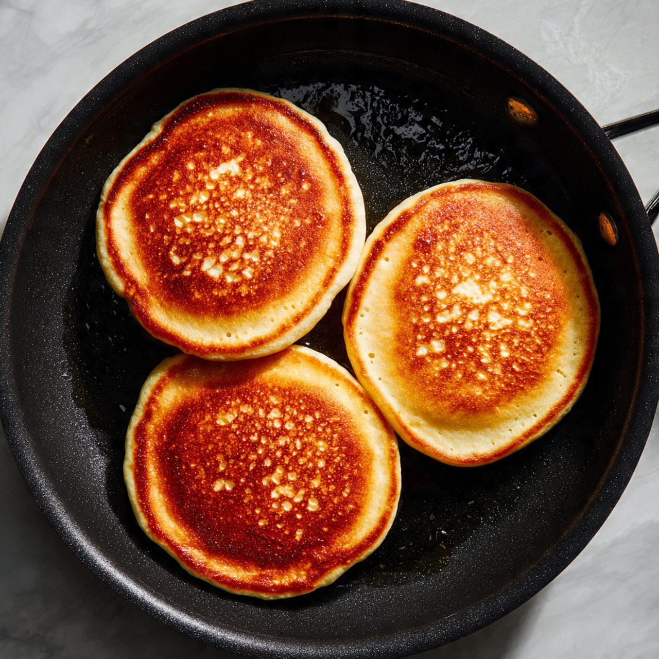 Three thick, round pancakes with golden-brown tops and light beige sides rest in a black frying pan, showing a soft and fluffy texture with small bubbles around the edges. The pancakes are arranged in a close triangular shape on the pan's dark surface, with slight glistening spots of oil nearby. The background has a white marbled texture photo taken with an iphone --ar 4:5 --v 7