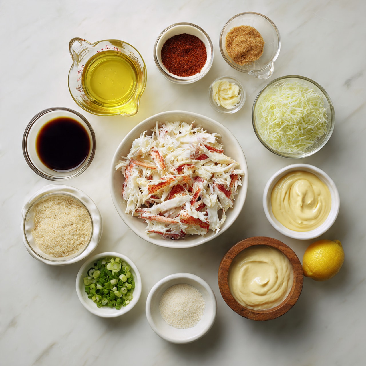 A flat top view photo shows 12 bowls and a glass measuring cup placed on a white marbled surface. In the center, there is a white bowl filled with shredded crab meat with some shell pieces showing a mix of white and red colors. Surrounding it, clockwise starting from top left, is a clear glass measuring cup with light yellow oil, a small white bowl with dark soy sauce, a white bowl with reddish spice powder, a white bowl filled with creamy mayonnaise, a white bowl with pale yellow mustard, a white bowl with chopped green onions, a dark round bowl with white salt, a small wooden bowl with crushed black pepper, another white bowl with a creamy pinkish sauce, a white bowl with pale yellow flour or breadcrumbs, a white bowl with egg yolk mixture, and a white bowl with lemon wedges. Each bowl's contents show varied textures from smooth liquids to chopped solids. The layout is neat and symmetrical. Photo taken with an iphone --ar 4:5 --v 7