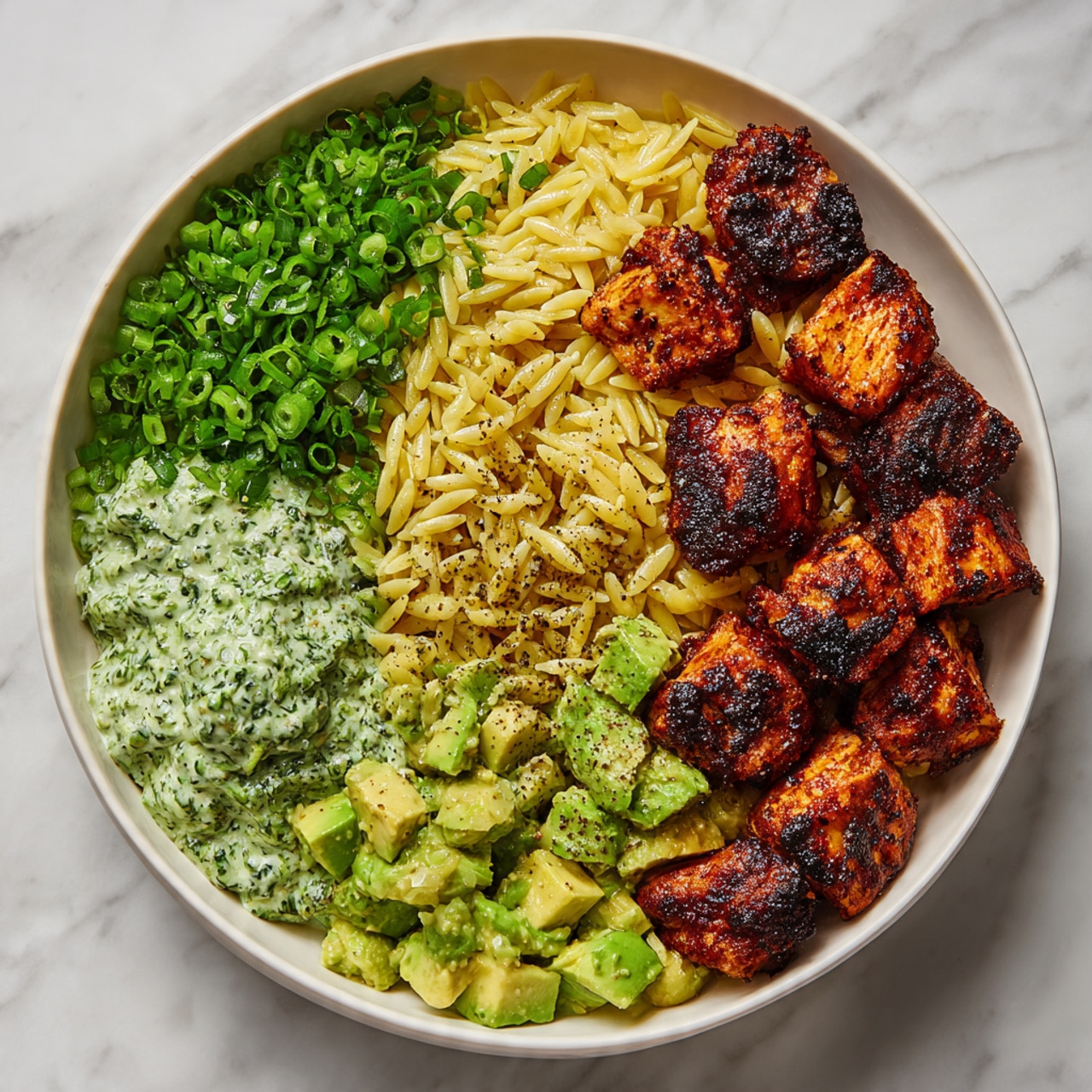 A white bowl filled with four main parts arranged side by side in layers: bright green chopped scallions on the top left, lightly golden orzo pasta tossed with a green herb sauce on the bottom left, diced pale green avocado chunks drizzled with olive oil and sprinkled with black pepper on the bottom right, and grilled golden-brown chicken pieces with char marks on the top right, all set against a white marbled surface. photo taken with an iphone --ar 4:5 --v 7