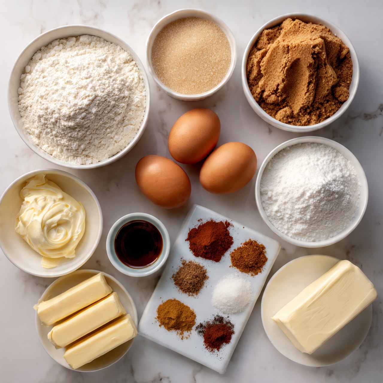 The image shows a top view of various baking ingredients placed on a white marbled surface. There is one large white bowl filled with flour at the top left, and next to it on the right, a white bowl with brown sugar. Below the flour bowl is a smaller white bowl with white sugar. Two brown eggs are placed side by side near the center. Beneath the eggs, there is a small white bowl with dark molasses and next to it a small white bowl with amber-colored vanilla. To the left of these bowls, three sticks of salted butter are stacked horizontally. At the bottom left, a large white bowl contains powdered sugar. On the right side, a rectangular silver wrapped pack of cream cheese lies flat. Near the cream cheese, a white plate with various spices is placed, showing four different powders in small piles with shades of light brown, white, darker brown, and reddish-brown. Photo taken with an iphone --ar 4:5 --v 7