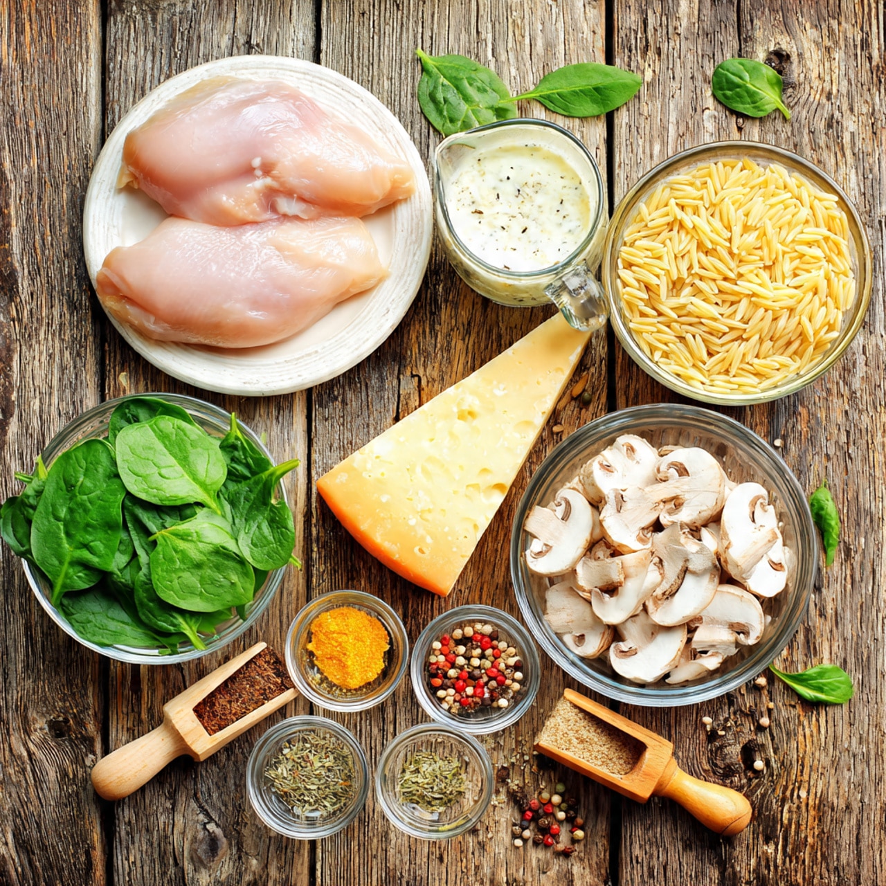 The image shows an overhead view of ingredients for a meal arranged neatly on a brown wooden surface. There are three raw chicken pieces placed on a white plate at the top left. Below it, a small clear glass bowl holds fresh green spinach leaves. Near the center, there is a large wedge of pale yellow cheese resting on the surface. To the right, a clear glass bowl is filled with dry, light yellow orzo pasta. Above the pasta, a bowl contains sliced white mushrooms with brown edges. Next to it, a clear glass measuring cup filled with a creamy white sauce. On the bottom right, a larger clear glass container holds orange-yellow broth or juice. Small round clear containers hold dried herbs, salt and pepper, ground seasoning, and red pepper flakes. A wooden-handled measuring scoop with brown powder is placed near the top center. The wooden texture contrasts with the bright, natural colors of the food, all resting on a white marbled texture. photo taken with an iphone --ar 4:5 --v 7