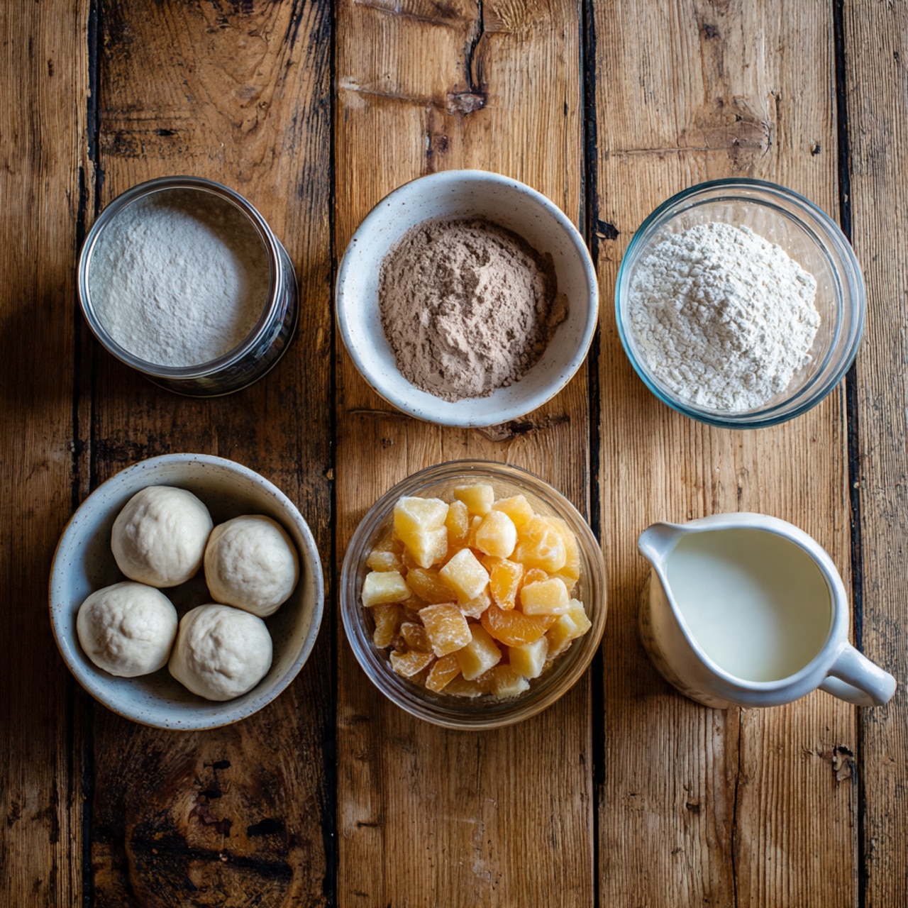 The image shows six small containers arranged in two rows on a wooden surface. In the top row, from left to right, there is a silver tin can, a white bowl with brown powder, and a clear glass bowl filled with white powder. In the bottom row, from left to right, there is a white bowl holding four round white dough balls, a clear glass bowl filled with chunky orange fruit pieces, and a small white pitcher with milk or cream. The containers have different textures and the wooden background is rustic and brown. photo taken with an iphone --ar 4:5 --v 7