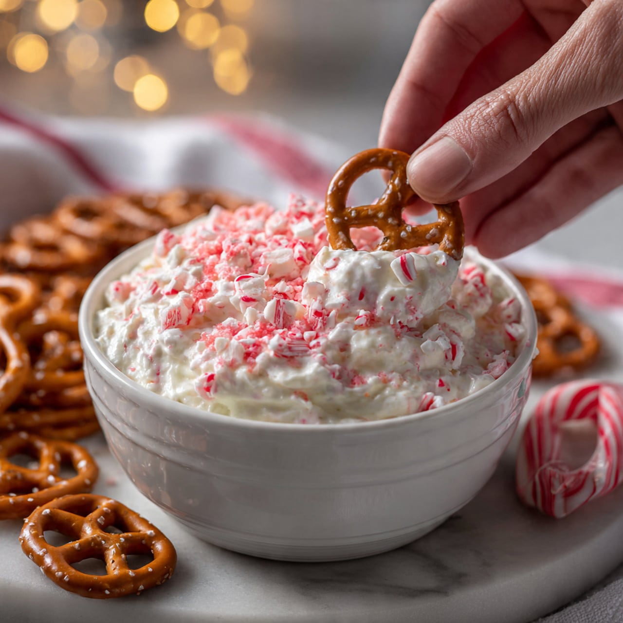 A white bowl is filled with thick, creamy white dip topped with crushed red candy pieces scattered evenly across the surface. In the foreground, a woman's hand is holding a dark brown chocolate pretzel dipped heavily in the creamy white dip with some crushed red candy on it. In the background, there is a white bowl piled with dark brown chocolate pretzels and a small clear bowl filled with more red crushed candy, all set on a white marbled surface with a white cloth patterned in light blue partially visible. Photo taken with an iphone --ar 4:5 --v 7