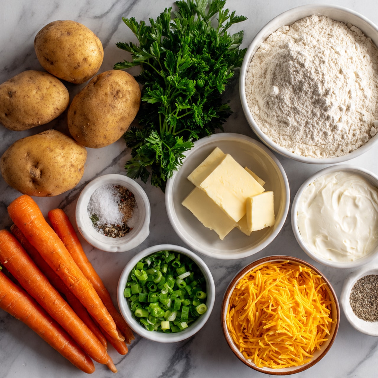 The image shows a neatly arranged assortment of cooking ingredients on a white marbled surface. There are three whole potatoes with a light brown skin placed at the bottom left, next to three bright orange carrots on the left side. At the top center, fresh green parsley leaves are laid out. Surrounding the vegetables are several white bowls containing various ingredients: a bowl of white flour at the top right, a bowl of shredded yellow cheese at the bottom right, a bowl of chopped green onions above the cheese, a small bowl of salt and pepper in the middle, a bowl with two slices of pale yellow butter near the center, a bowl of a creamy white mixture above the potatoes, and lastly, a small bowl of ground black pepper to the right of the butter. Photo taken with an iphone --ar 4:5 --v 7